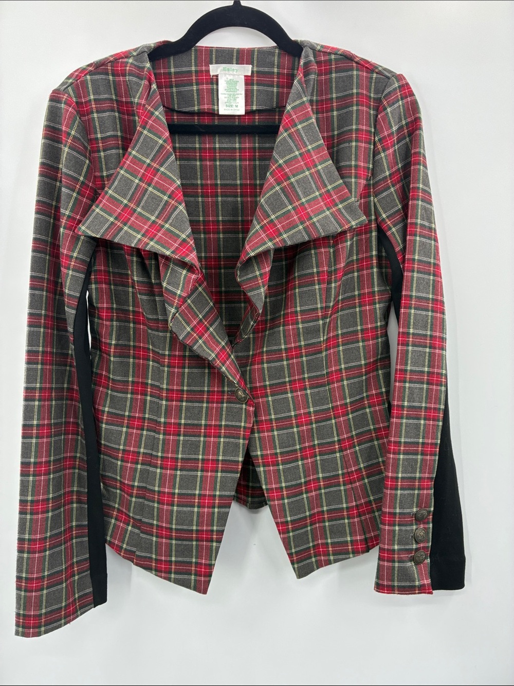 Esley Red & Green Plaid Draped Open-Front Blazer with Black Side Panels S